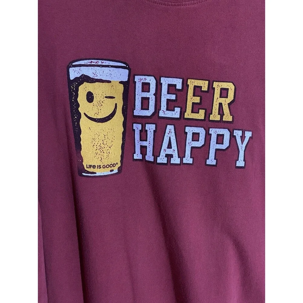 Life is Good Shirt Men XXL Burgundy Beer Happy Crusher Long Sleeve Casual Travel